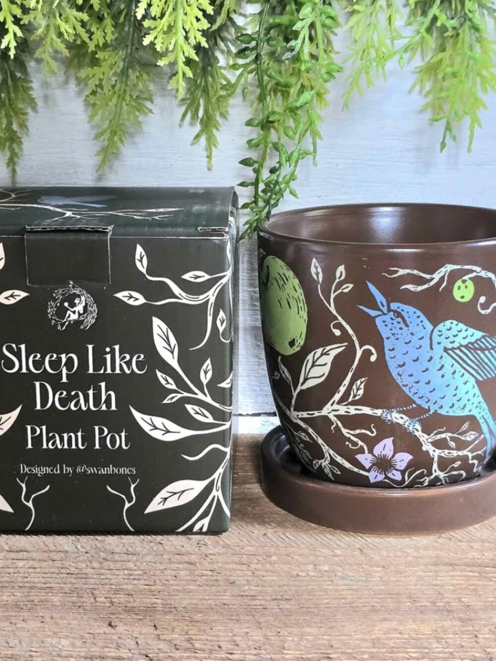Fairyloot Sleep Like death by Kalynn Bayron Plant Pot with Birds Apples Book Box